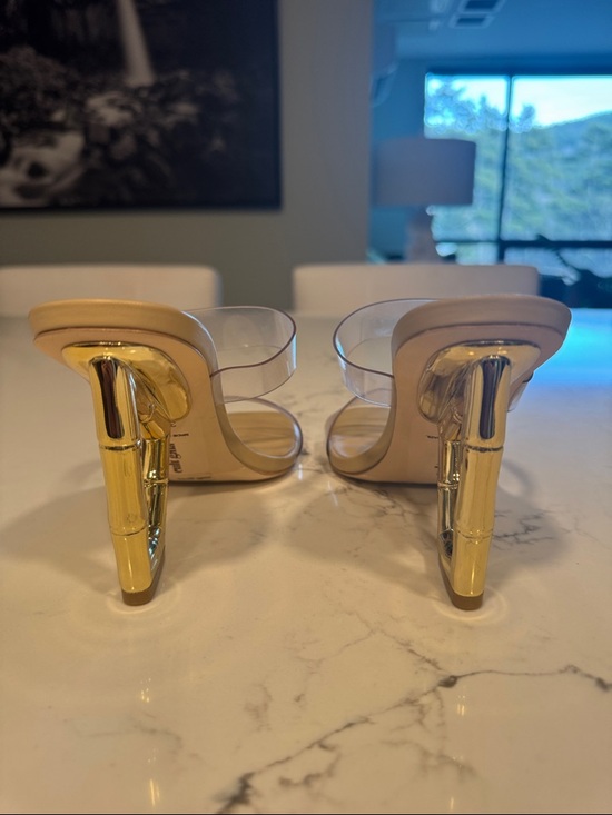 NWT cult gaia Valerie Sandal in Clear Two-Strap Mule Bamboo Gold Accent Heels - Picture 4 of 9